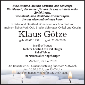 Traueranzeige von Klaus Götze von Mitteldeutsche Zeitung Merseburg/Querfurt