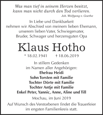 Traueranzeige von Klaus Hotho von WVG - Wochenspiegel Wittenberg