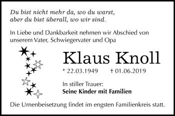 Traueranzeige von Klaus Knoll von Mitteldeutsche Zeitung Mansfelder Land