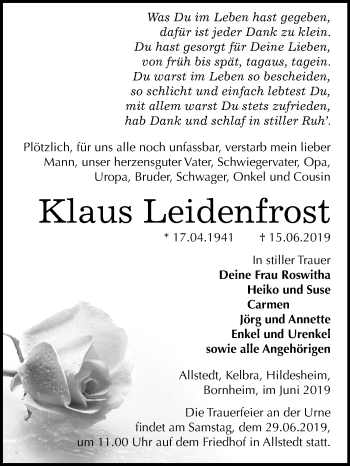 Traueranzeige von Klaus Leidenfrost von Mitteldeutsche Zeitung Sangerhausen