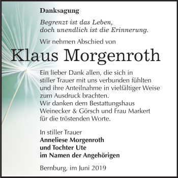 Traueranzeige von Klaus Morgenroth von Mitteldeutsche Zeitung Bernburg