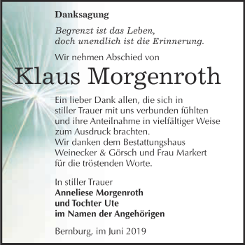 Traueranzeige von Klaus Morgenroth von Super Sonntag Bernburg