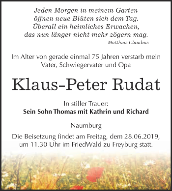 Traueranzeige von Klaus-Peter Rudat von WVG - Wochenspiegel NMB / WSF / ZTZ