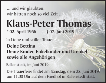 Traueranzeige von Klaus-Peter Thomas von Mitteldeutsche Zeitung Quedlinburg