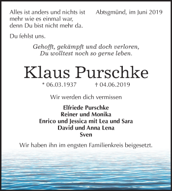 Traueranzeige von Klaus Purschke von Mitteldeutsche Zeitung