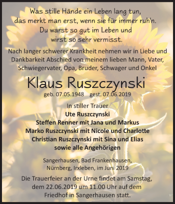 Traueranzeige von Klaus Ruszczynski von Mitteldeutsche Zeitung
