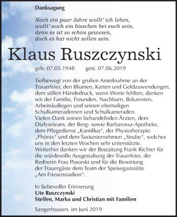 Traueranzeige von Klaus Ruszczynski von Super Sonntag SGH Mansf. Land