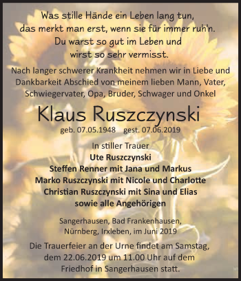 Traueranzeige von Klaus Ruszczynski von Super Sonntag SGH Mansf. Land