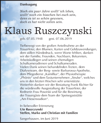 Traueranzeige von Klaus Ruszczynski von Mitteldeutsche Zeitung Sangerhausen
