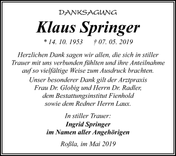 Traueranzeige von Klaus Springer von Super Sonntag SGH Mansf. Land