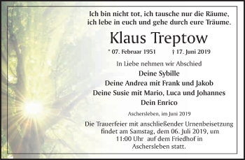 Traueranzeige von Klaus Treptow von WVG - Wochenspiegel Quedlinburg
