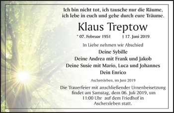 Traueranzeige von Klaus Treptow von Mitteldeutsche Zeitung Aschersleben