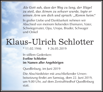 Traueranzeige von Klaus-Ulrich Schlotter von Mitteldeutsche Zeitung Quedlinburg