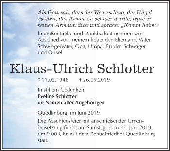 Traueranzeige von Klaus-Ulrich Schlotter von Super Sonntag Aschersleben