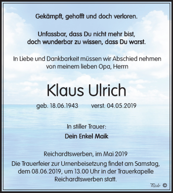 Traueranzeige von Klaus Ulrich von Mitteldeutsche Zeitung Weißenfels