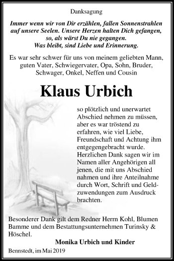 Traueranzeige von Klaus Urbich von Mitteldeutsche Zeitung Halle/Saalkreis
