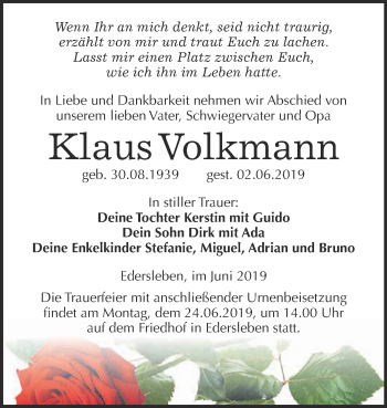 Traueranzeige von Klaus Volkmann von Super Sonntag SGH Mansf. Land