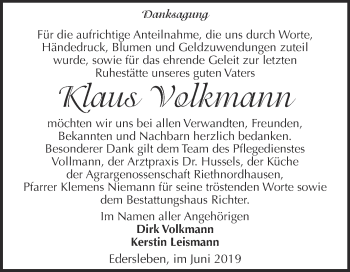 Traueranzeige von Klaus Volkmann von Super Sonntag SGH Mansf. Land