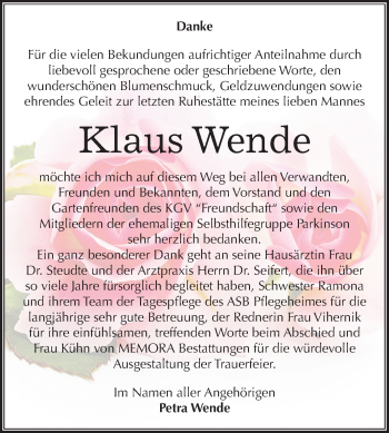 Traueranzeige von Klaus Wende von Mitteldeutsche Zeitung Halle/Saalkreis