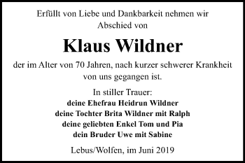 Traueranzeige von Klaus Wildner von Mitteldeutsche Zeitung Bitterfeld
