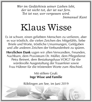 Traueranzeige von Klaus Wisse von Mitteldeutsche Zeitung Mansfelder Land