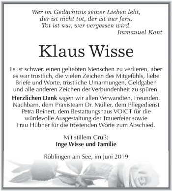 Traueranzeige von Klaus Wisse von Wochenspiegel Mansfelder Land