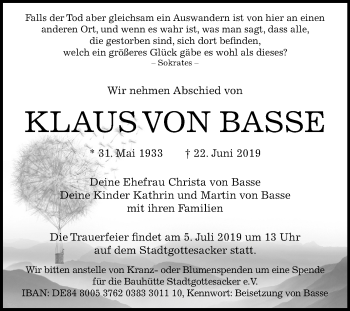 Traueranzeige von Klaus von Basse von Mitteldeutsche Zeitung Halle/Saalkreis