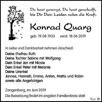 Traueranzeige von Konrad Quarg von WVG - Wochenspiegel NMB / WSF / ZTZ