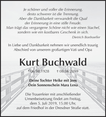 Traueranzeige von Kurt Buchwald von Super Sonntag Wittenberg