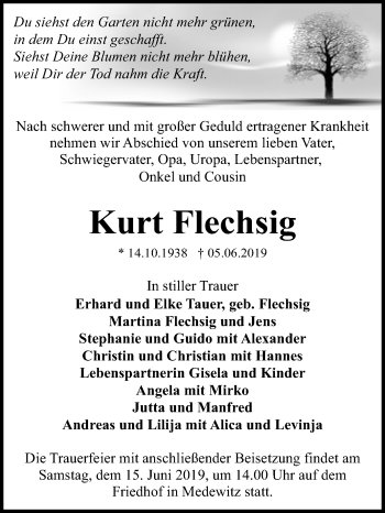 Traueranzeige von Kurt Flechsig von Mitteldeutsche Zeitung Dessau-Roßlau