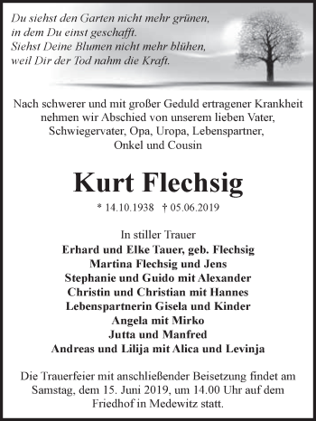 Traueranzeige von Kurt Flechsig von Super Sonntag Wittenberg