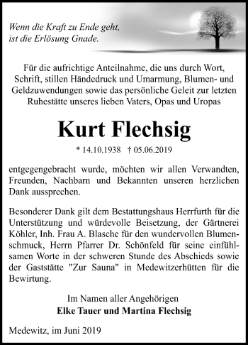 Traueranzeige von Kurt Flechsig von Mitteldeutsche Zeitung Dessau-Roßlau