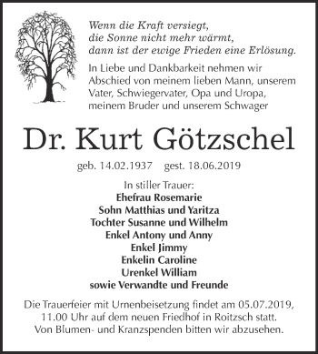 Traueranzeige von Kurt Götzschel von WVG - Wochenspiegel Bitterfeld