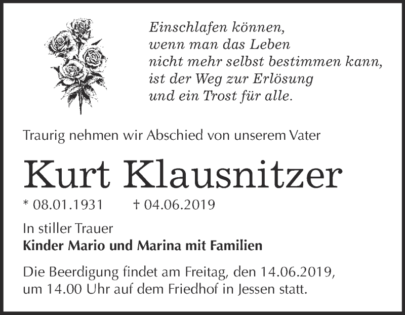  Traueranzeige für Kurt Klausnitzer vom 08.06.2019 aus WVG - Wochenspiegel Wittenberg