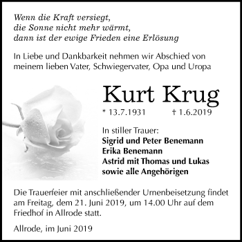 Traueranzeige von Kurt Krug von Mitteldeutsche Zeitung Quedlinburg