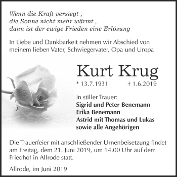 Traueranzeige von Kurt Krug von WVG - Wochenspiegel Quedlinburg