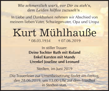 Traueranzeige von Kurt Mühlhauße von Super Sonntag SGH Mansf. Land