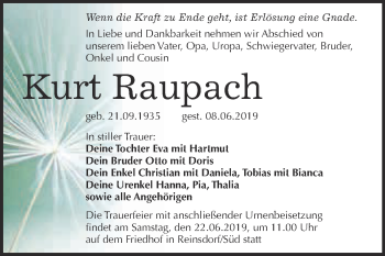 Traueranzeige von Kurt Raupach von Super Sonntag Wittenberg
