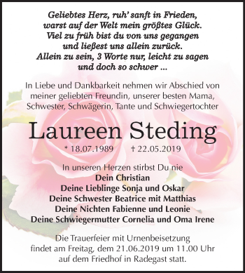 Traueranzeige von Laureen Steding von Mitteldeutsche Zeitung Köthen