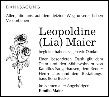 Traueranzeige von Leopoldine Maier von Mitteldeutsche Zeitung Sangerhausen