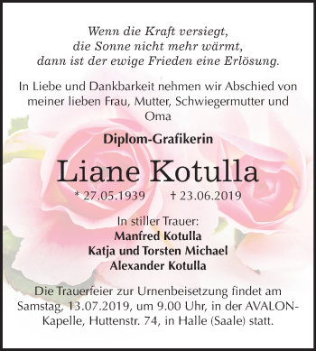 Traueranzeige von Liane Kotulla von Mitteldeutsche Zeitung Halle/Saalkreis