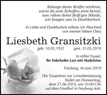 Traueranzeige von Liesbeth Gransitzki von Mitteldeutsche Zeitung
