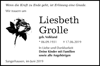 Traueranzeige von Liesbeth Grolle von Super Sonntag SGH Mansf. Land