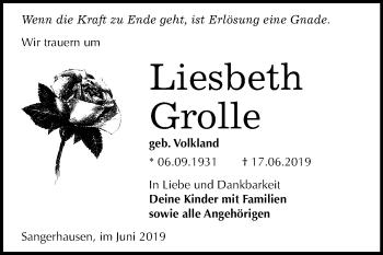 Traueranzeige von Liesbeth Grolle von Mitteldeutsche Zeitung