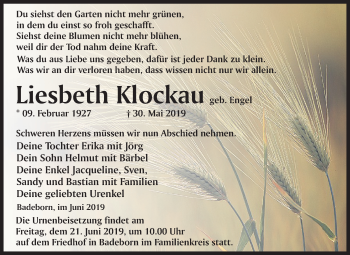 Traueranzeige von Liesbeth Klockau von Mitteldeutsche Zeitung Quedlinburg