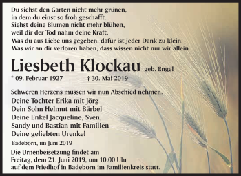Traueranzeige von Liesbeth Klockau von WVG - Wochenspiegel Quedlinburg