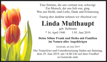 Traueranzeige von Linda Multhaupt von Mitteldeutsche Zeitung Quedlinburg