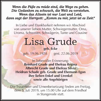 Traueranzeige von Lisa Grude von Super Sonntag SGH Mansf. Land