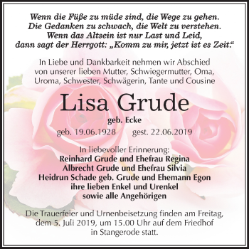Traueranzeige von Lisa Grude von Mitteldeutsche Zeitung