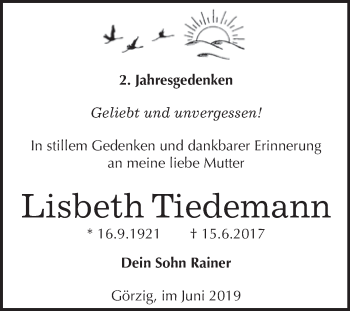 Traueranzeige von Lisbeth Tiedemann von WVG - Wochenspiegel Dessau / Köthen